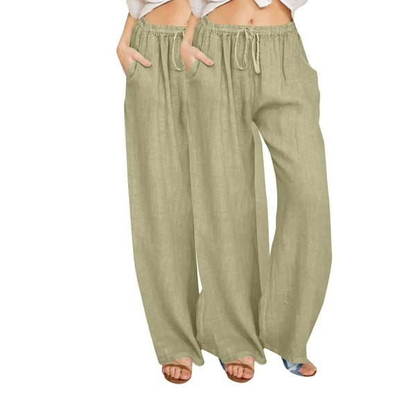 2-Pack Women's Cotton-Linen Wide Leg Pants - High-Waisted Loose Lounge Trousers with Drawstring (Breathable & Beach-Ready Summer Outfits)