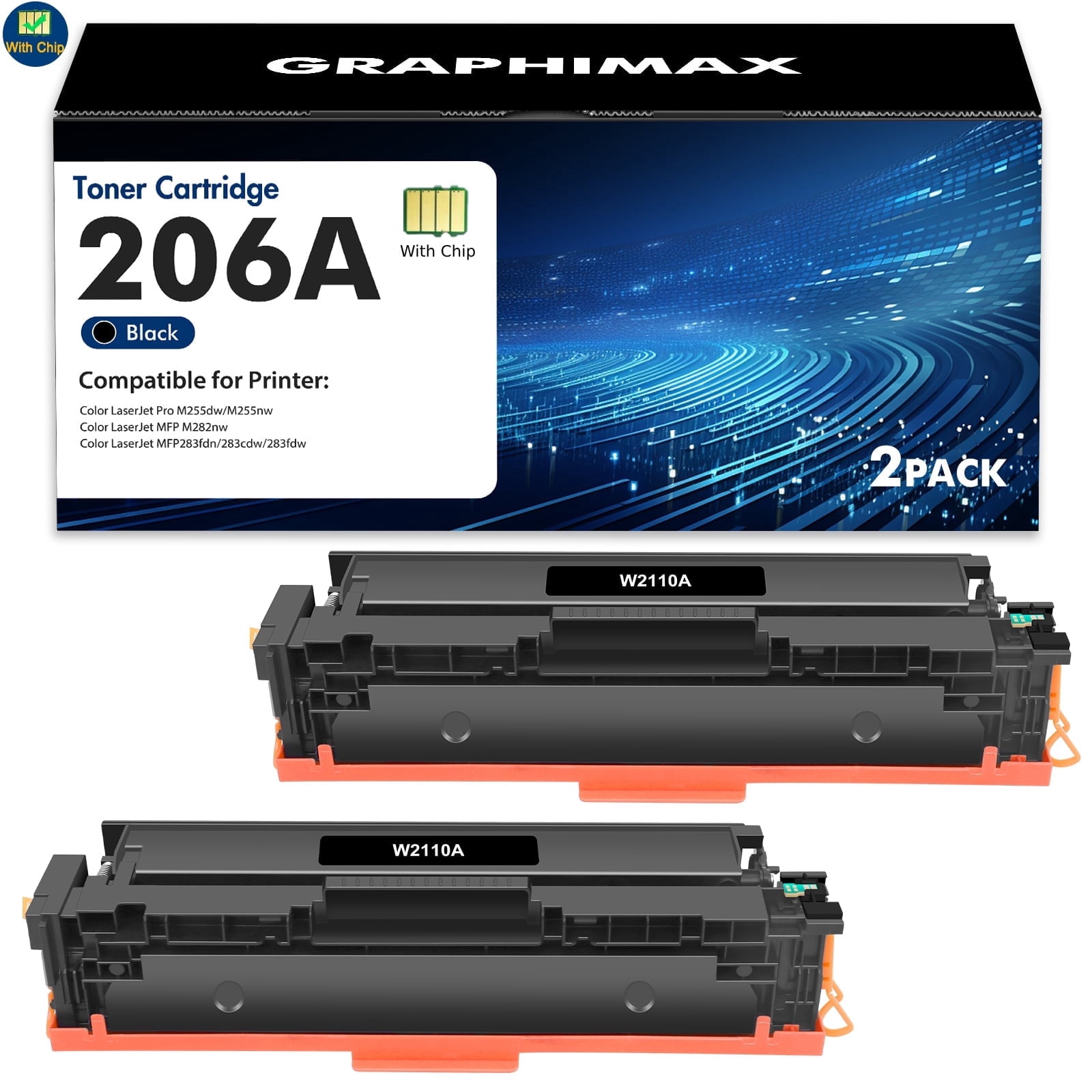 2-Pack 206A 206X Black Toner Cartridges with Chip Compatible for HP ...