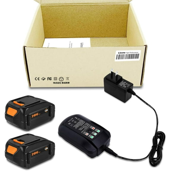 2 Pack 20V 6.5Ah Batteries with Charger Combo Kit Replacement for Worx 20V Battery and Charger 5.0Ah 4.0Ah WA3578 WA3732 WA3742 WA3868 2.0Ah WA3575 WA3520 WA3525 20V batteries and Charger set