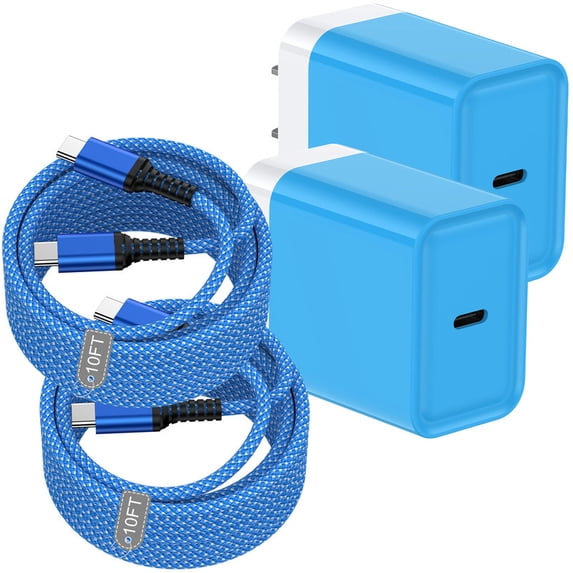 2 Pack 20W PD Fast Wall Charger Block with 10FT 60W USB-C to C Braided Cables, Phone Charger Compatible with iPhone 17/16/15 Pro Max iPad Pro Galaxy S26 Android, Blue
