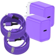 2 Pack 20W PD Fast Wall Charger Block with 10FT 60W USB-C to C Braided Cables, Phone Charger Compatible with iPhone 17/16/15 Pro Max iPad Pro Galaxy S26 Android, Purple