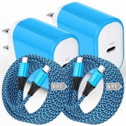 2 Pack 20W PD Fast Wall Charger Station with 6FT Braided USB-C to C Cables, Phone Charger Compatible with iPhone 17/16/15 Pro Max iPad Pro Galaxy S26 Android, Blue