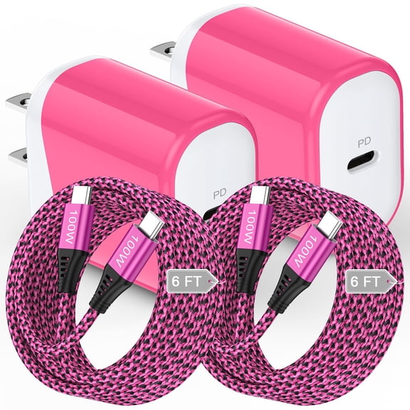 2 Pack 20W PD Fast Wall Charger Station with 6FT Braided USB-C to C Cables, Phone Charger Compatible with iPhone 17/16/15 Pro Max iPad Pro Galaxy S26 Android, Pink