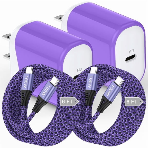 2 Pack 20W PD Fast Wall Charger Station with 6FT Braided USB-C to C Cables, Phone Charger Compatible with iPhone 17/16/15 Pro Max iPad Pro Galaxy S26 Android, Purple