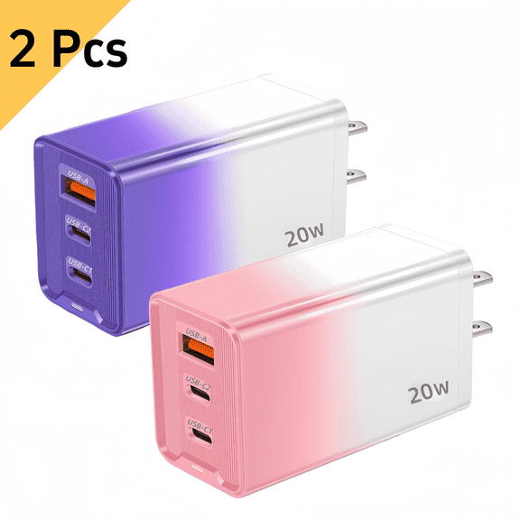2Pack 20W USB C Wall Charger Block, 3-Port Fast Charging Type C Charger (2 USB-C 1 USB-A), Compact Travel Phone Charger Compatible with Various Types of Mobile Phones (Purple & Pink)