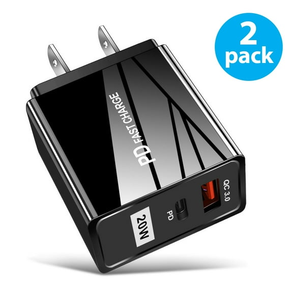 2-Pack 20W USB-C Fast Charger, Dual Port PD Type-C Charging Adapter Plug for iPhone 14/13/12/11 /Pro Max, XS/XR/X, iPad Pro, AirPods Pro, Samsung Galaxy S23/S22/S21/S20 Ultra, Plus, Universal, Black