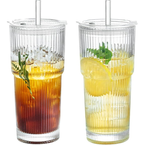 2 Pack 20oz Glass Cups with Lids and Straws, Vintage Ribbed Glassware for Whiskey Cocktail Beer, Mason Jar Drinking Glasses Tumbler Iced Coffee Cup
