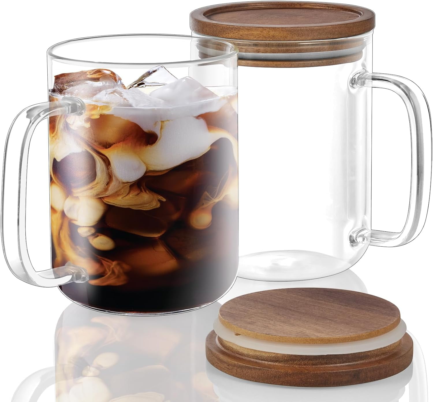 2 Pack 20oz Large Glass Coffee Mugs with Acacia Wood Lids & Handles, Clear Thick‑Bottom Borosilicate Glass Cups for Latte, Espresso, Tea & Iced Drinks