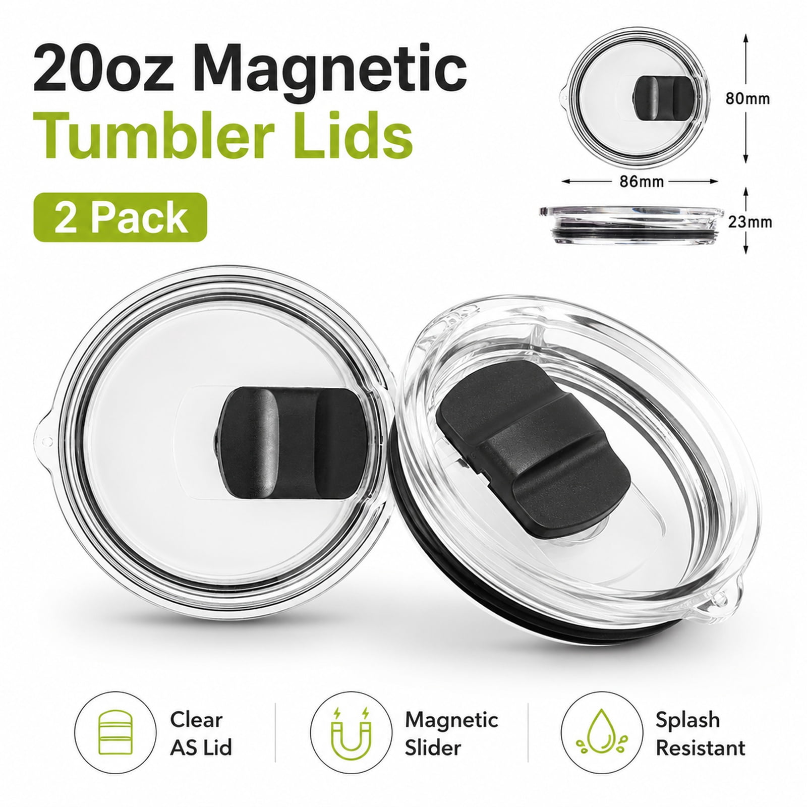 2 Pack 20oz Magnetic Tumbler Lid, Fits Yeti Rambler or Old Style RTIC Coffee Tumbler - Replacement for Spillproof Ozark Trail Lids, Magnetic Slider Switch Spill