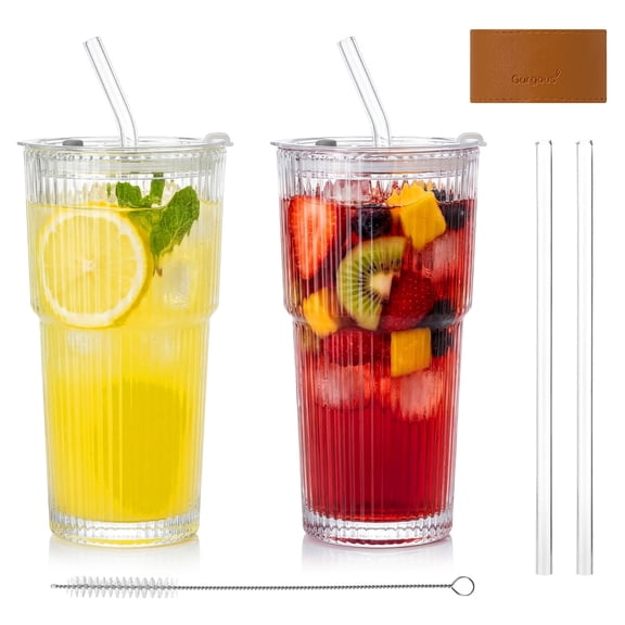 2 Pack Ribbed Glass Tumblers with Lids and Straws, 20oz Vintage Iced Coffee Cups, Clear Drinking Glasses