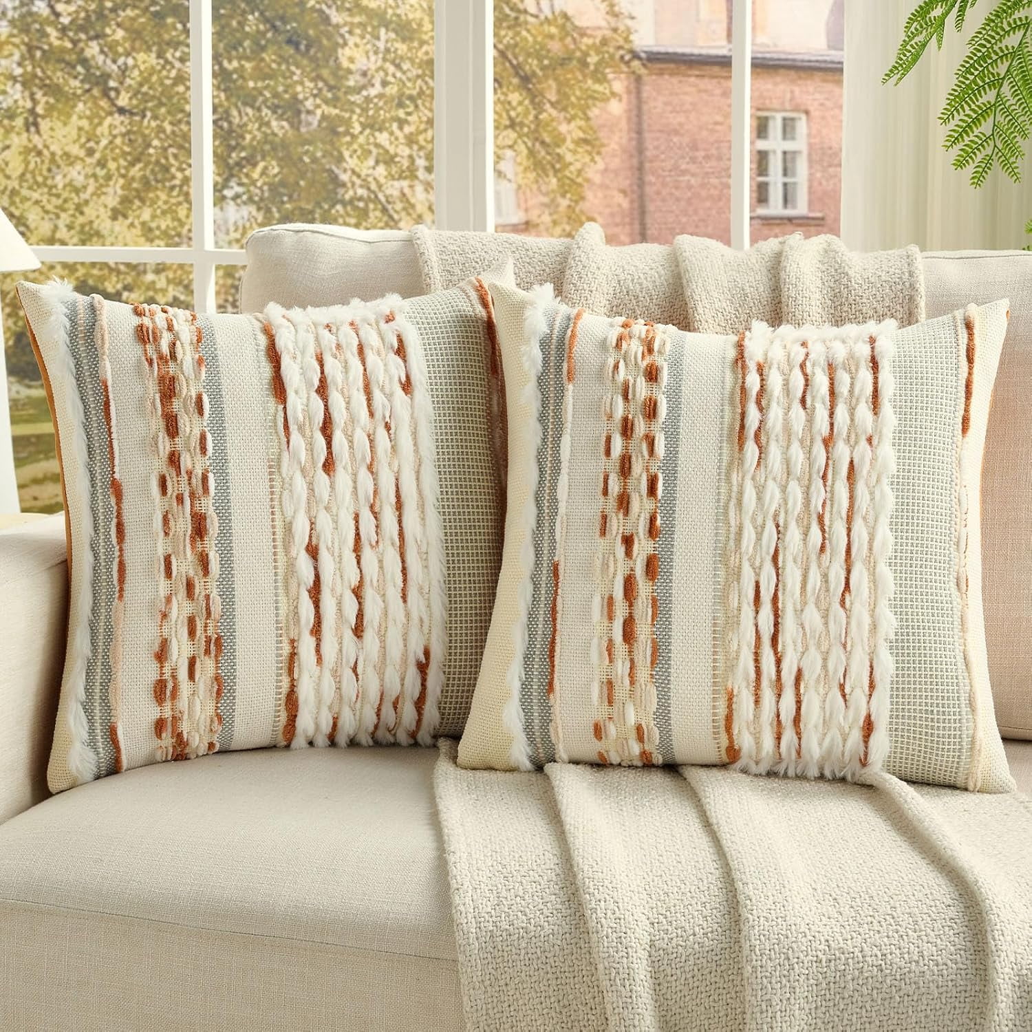 2 Pack 20x20 Inch Tufted Throw Pillow Covers, Rust + Beige, Plush ...
