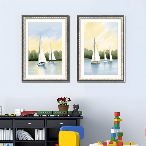 2-Pack 20x28" Sailboat Framed Wall Art, Replaceable Canvas Prints with Solid Wood Frames, Nautical Decor