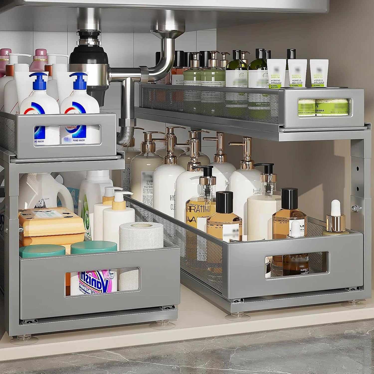 2 Pack 21.3IN-Depth Under Sink Organizer with Next-Gen Ball-Bearing Slides,2-Tier Pull Out Cabinet Storage,Height Adjustable Drawer Shelf for Bathroom,Kitchen,Laundry,Cabinet,Pantry-Gun Gray