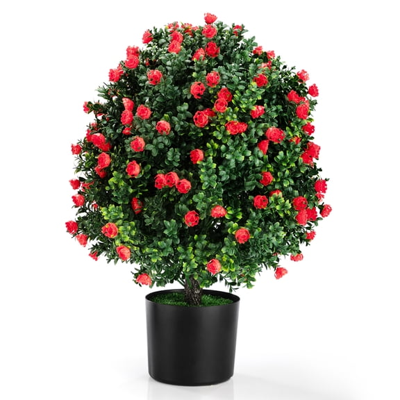 2-Pack 21.6" Tall Artificial Rose Topiary Ball Tree, Planter Bushes UV Resistant Look Real for Indoor Outdoor Home Garden ,Red