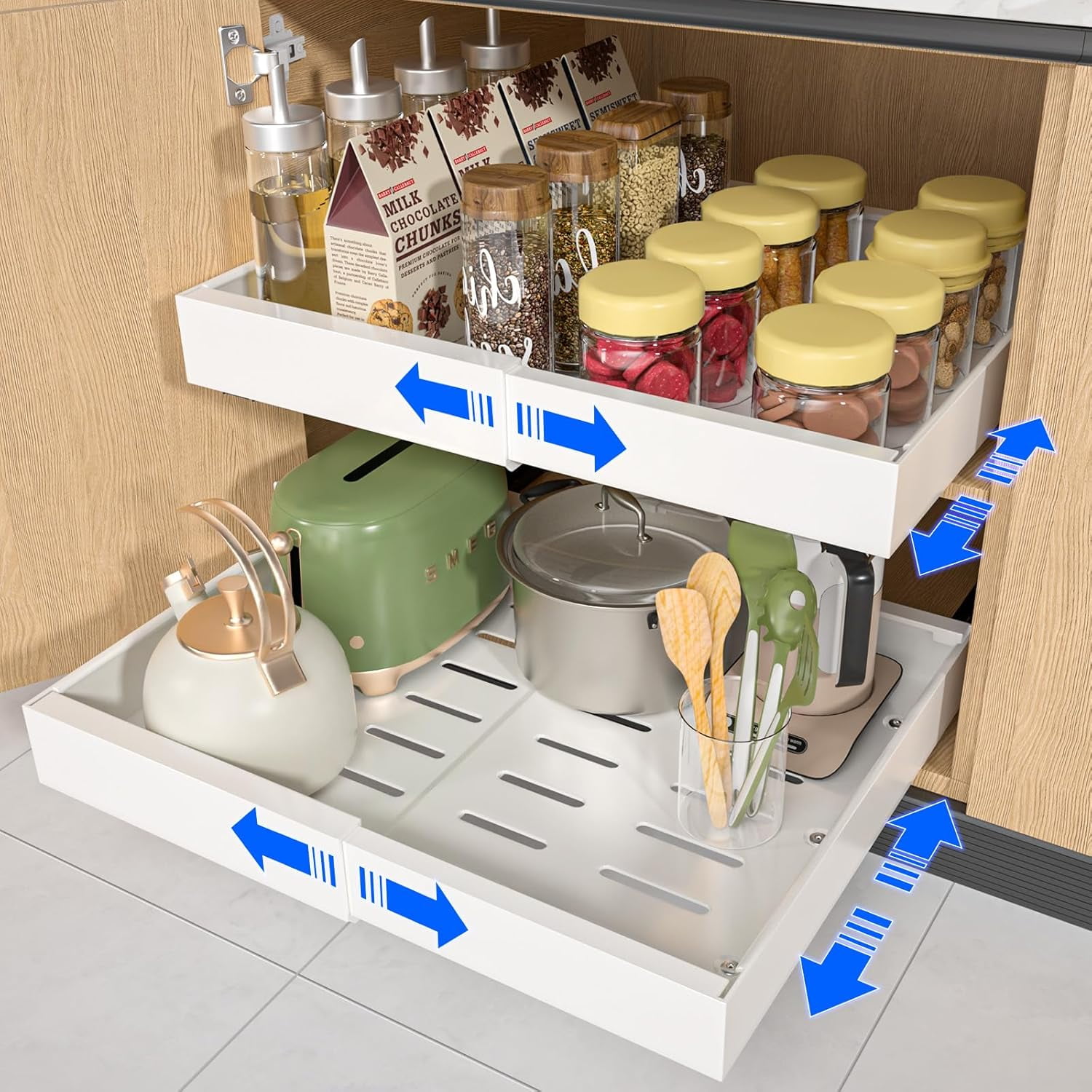 2 Pack 21'' Deep Pull Out Cabinet Organizer Expandable Width (12.6'' to ...