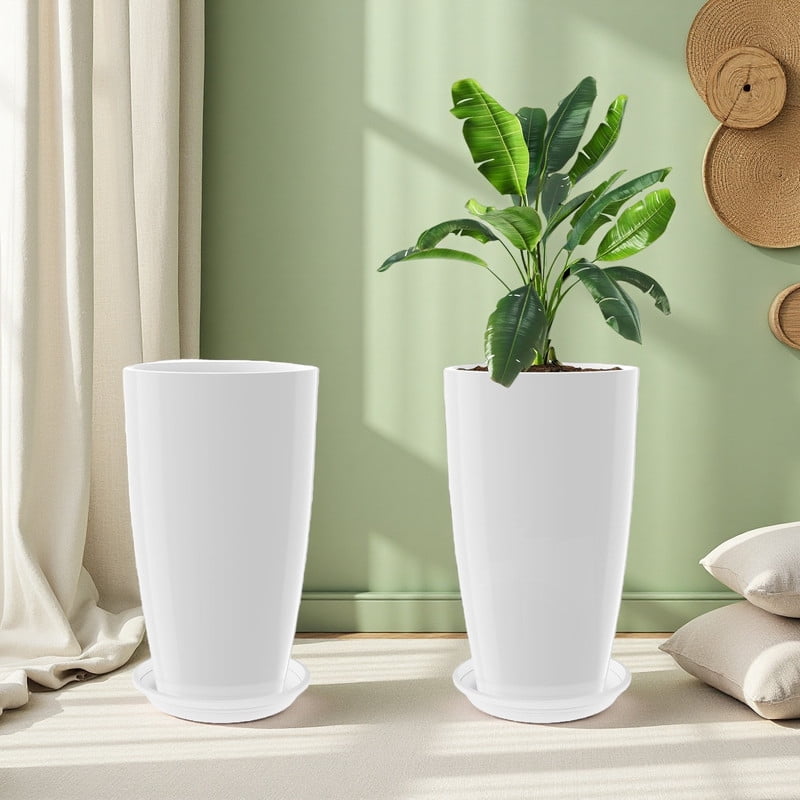 2-Pack 21 Inch Large Garden Planter, All-Weather Round Pot for Outdoor Landscaping, White