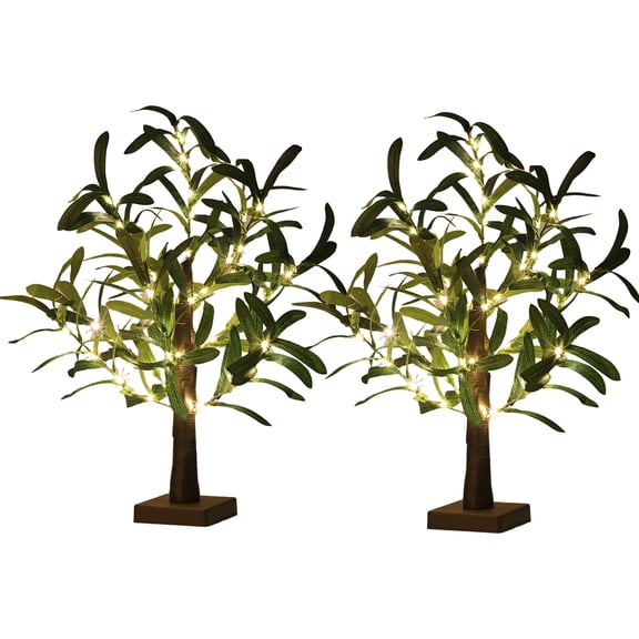 2 Pack 21" Lighted Olive Tree Tabletop Bonsai with 50 Warm White LED Lights, USB Powered, Timer, Bendable Branches