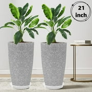 2 Pack 21in Tall Round Planter, Large Gardening Pot Resin Vase for Indoor Outdoor Patio and Front Porch, Gray