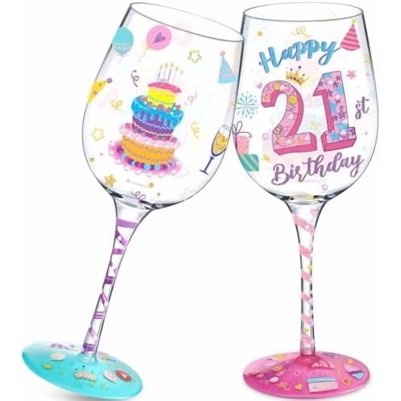 2 Pack 21st Happy Birthday Wine Glass 15 oz Long Stemmed Wine Glass Hand Painted Personalised Gift for Her Party Supplies(Birthday Cake)