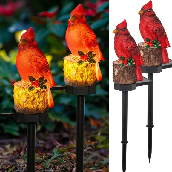 2 Pack 22.5 in Cardinal Bird Solar Lights, Red Bird Solar Powered Lights Cardinal Garden Stake Light for Christmas Pathway Garden Lawn Yard Gifts Decoration