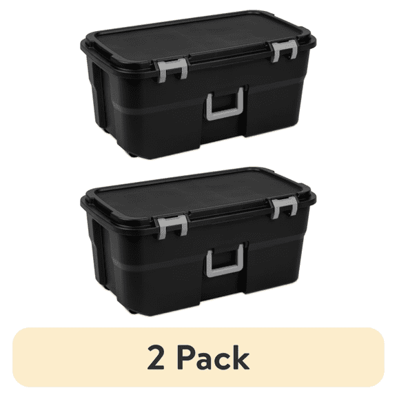 2 Pack 22 Gallon Heavy Duty Plastic Storage Trunk Container with Wheels, Lockable Handle, Large Black Wheeled Storage Bin