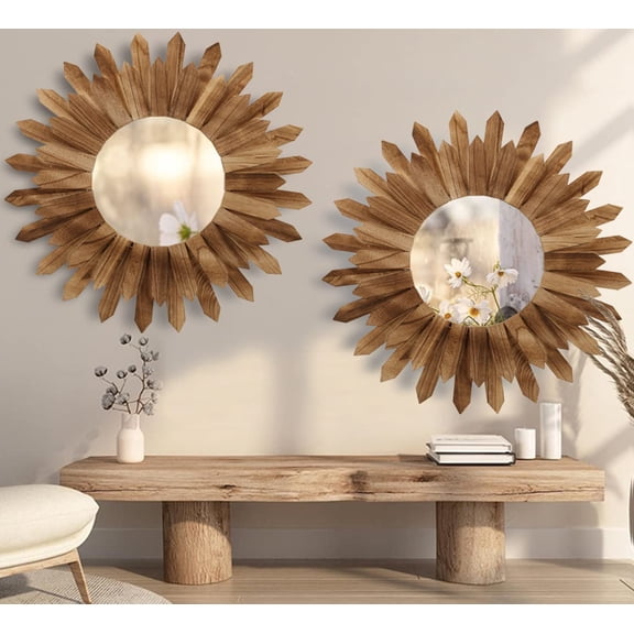 2 Pack 22 Inch Boho Round Wood Sunburst Wall Mirror Decor