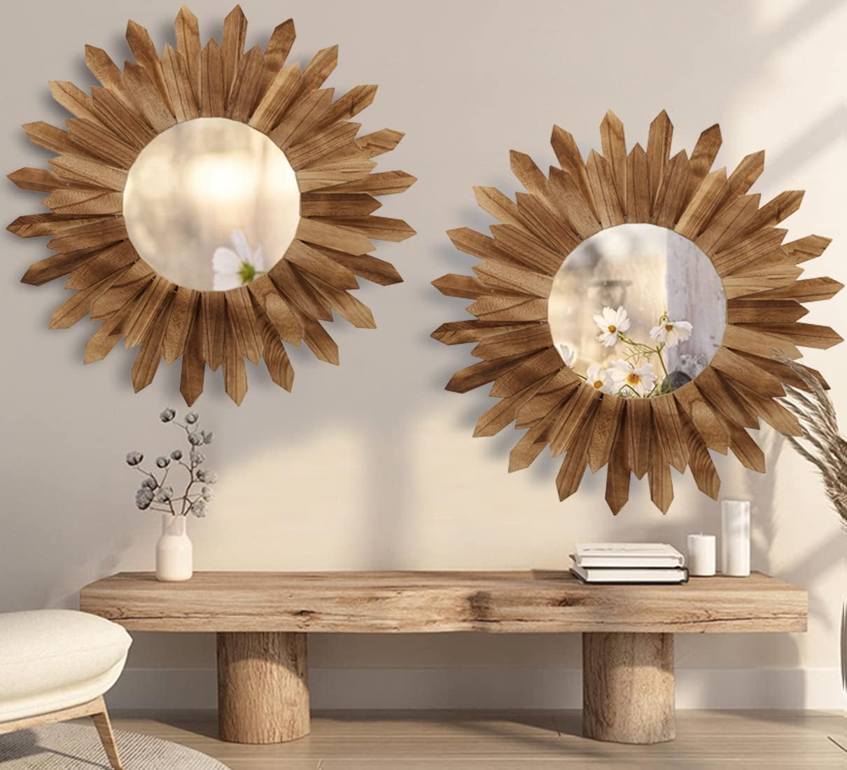 22" Rustic Pine Wood Sunburst Round Wall Mirror Set