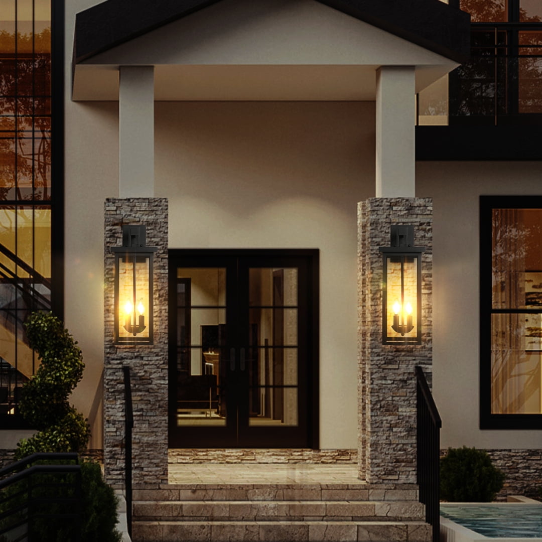 Tipace 2-Pack Outdoor Wall Sconce With Dusk To Dawn Sensor - Matte Black Exterior Light With Clear Glass & Included 2700K Bulbs