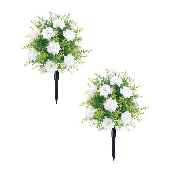 2-Pack 22 Inch White Faux Roses - Artificial Outdoor Flowers with Ground Stakes for Garden, Patio & Wedding Decor (UV-Resistant, Farmhouse Style)