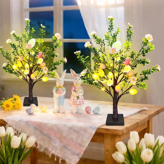 2 Pack 22" Lighted Easter Tree Decorations with 24 Pink Flowers & 24 Eggs, Battery Operated Tabletop Artificial Spring Tree with Timer, DIY Prelit Easter Decor for Home Indoor Centerpiece