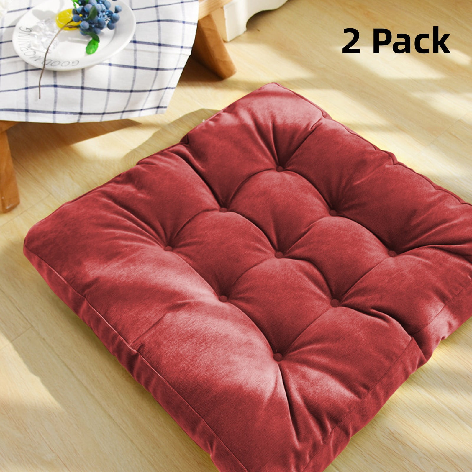2 Pack Square Large Floor Pillows 22x22, Meditation Pillow Solid Thick  Tufted Seat Cushion Sitting Pillow Tatami Cushion for Yoga Living Room  Office Chair, Wine Red 