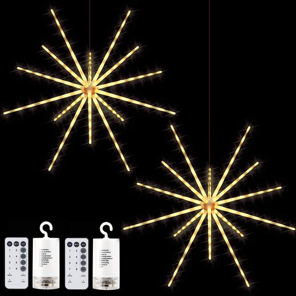 2 Pack 224 LED Hanging Starburst Light, Firework Fairy Starburst String Lights Hanging Star Lights with Remote, 8 Lighting Modes Operated, Starry Light for Garden Party Christmas(Yellow)