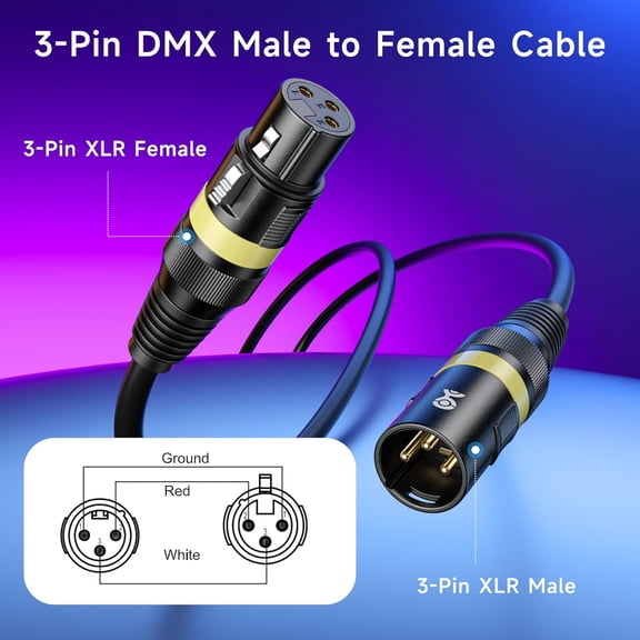 2-Pack 22AWG Stage Light DMX Cable 6ft / 1.8m with 3-Pin XLR Connector, 3 Pin XLR Male to Female DMX Lighting Cable