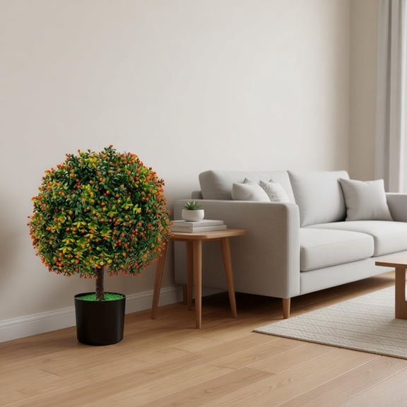 2 Pack 22in Artificial Topiary Ball Tree with Orange Fruits Lifelike Boxwood Balls 15in PE PVC Cement Weighted Pot Faux Potted Plants for Indoor Outdoor Home Garden Office Wedding Decor Green Orange