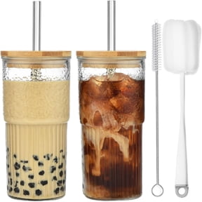 2 Pack 22oz Glass Cups with Lids and Straws, Glass Tumbler with Straw and Lid, Mason Jar Drinking Glasses Iced Coffee Cup for Long Drinks, Water, Cocktail, Whiskey, Soda