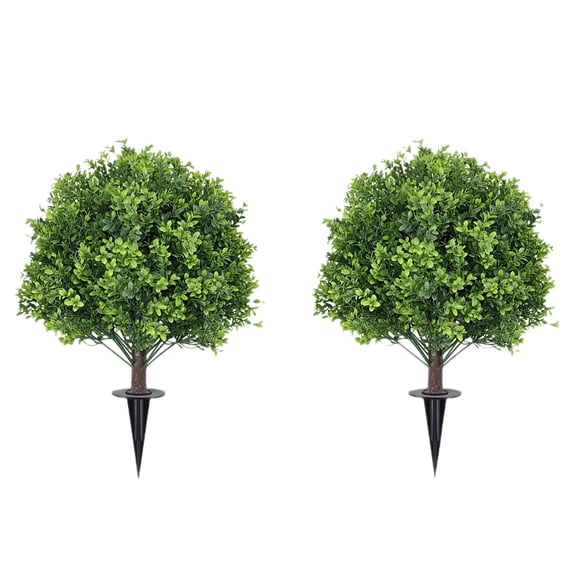 2 Pack 23.6 Inch Artificial Boxwood Topiary Garden Stakes, Faux Cedar Ball Bushes with Ground Spikes, UV Resistant Fake Greenery Shrubs for Outdoor Patio, Lawn, and Indoor Home Decoration
