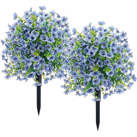 2-Pack 23.62" Artificial Blue Flower Ball Topiary with Ground Stake - UV-Resistant & Odor-Free, Outdoor Decor for Garden, Patio & Yard Landscaping Seasonal Display