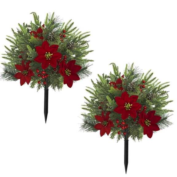 2 Pack 23.62 Inch Christmas Urn Fillers, Artificial Greenery Stakes with Red Poinsettia Flowers, Pinecones & Red Berries, Pointed Ground Stakes for Porch Planter Vase Christmas Holiday Decor(B)