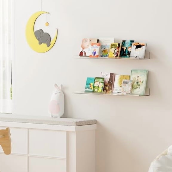 2 Pack 23.6x5.5 Inches Acrylic Shelves for Wall Storage, Floating Bookshelves for Kids, Display Shelf Organizer for Bathroom, Bedroom, Living Room, Kitchen, Clear