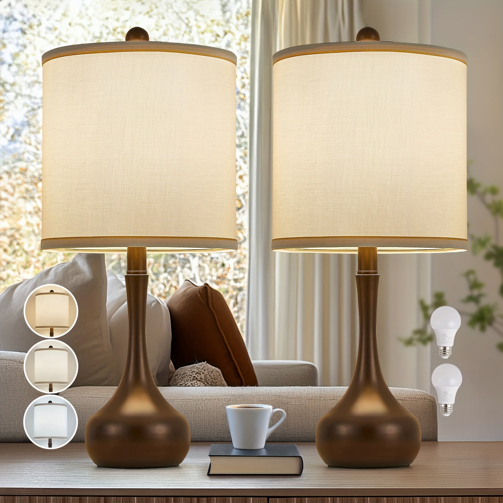 2-Pack 23 Inch Farmhouse Table Lamps, Golden Metal Frame with 3 Color Temperature Modes, Rustic Modern Bedside Nightstand Lighting for Bedroom Dorm Office Living Room Home Decor
