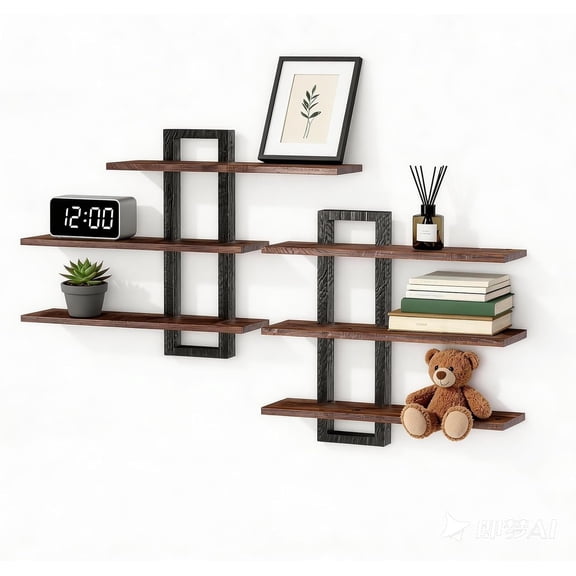 2 Pack 23 Inch Floating Shelves for Wall Decor, 3 Tier Rustic Brown and Black Decorative Storage Display Wall Shelf for Bathroom Living Room Bedroom Kitchen Office (2, Rectangular)