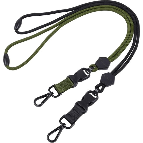 2 Pack of 23 inch Durable Round Cord Heavy Duty Lanyard with Safety Breakaway Buckle, Detachable Buckle and Metal Hook for ID Card Badge Holder and Keys - Black and Army Green