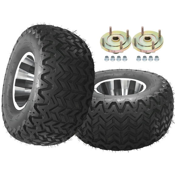 2 Pack 23x11x10 23x11-10 ATV UTV Tubeless Off-Road Tire with Aluminum Rim, 8PR Quad Go Kart Tire and Wheel Set with 24T Rear Axle Hubs, 10 Inch Wheels, 4 Bolt 110mm Pattern for Golf Cart Buggy