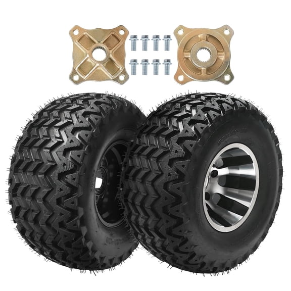 2 Pack 23x11x10 23x11-10 ATV UTV Tubeless Off-Road Tire with Aluminum Rim, 8PR Quad Go Kart Tire and Wheel Set with Rear Axle Hubs, 10 Inch, 4 Bolt 110mm Pattern for Golf Cart Buggy (24T)