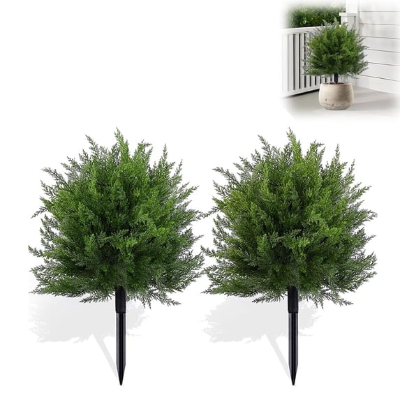 2 Pack 24'' Artificial Cedar Topiary Ball Trees with Ground Spike,Artificial Shrubs, UV Resistant Fake Plant Brush for Indoor Outdoor Front Porch Garden