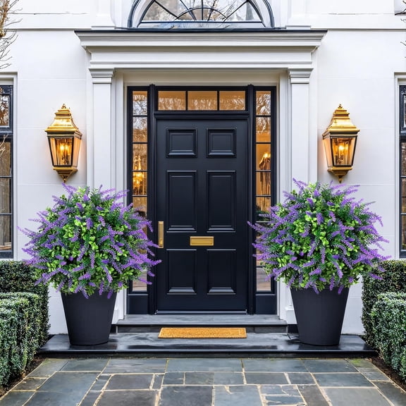 2 Pack 24" Artificial Lavender Bushes with Boxwood Panels, Resistant Fake Outdoor Plants, Indoor/Outdoor Shrubs for Porch Garden Planters