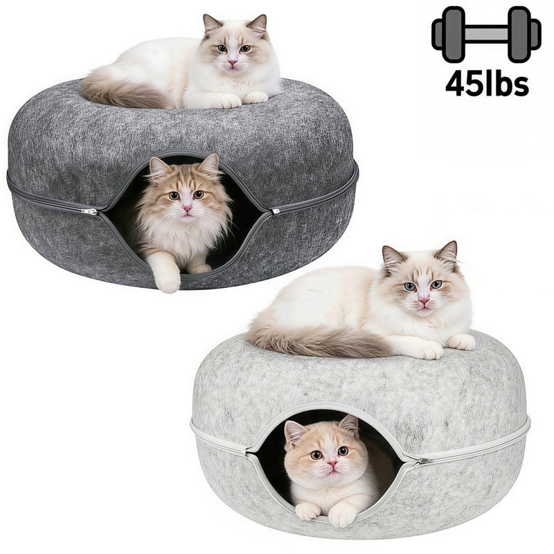2-Pack 24" Cat Cave Bed for Large Cats – Felt Cat Tunnel Bed, Dark Gray & Gray
