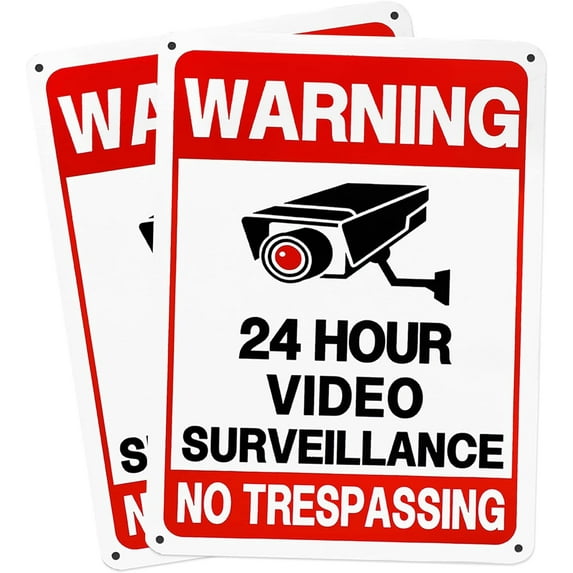 2-Pack 24 Hour Video Surveillance Sign, No Trespassing Warning Sign for Property, 10 x7 Inch UV Printed 40 Mil Rust Free Aluminum, Security Camera Sign for Home Business Outdoor CCTV