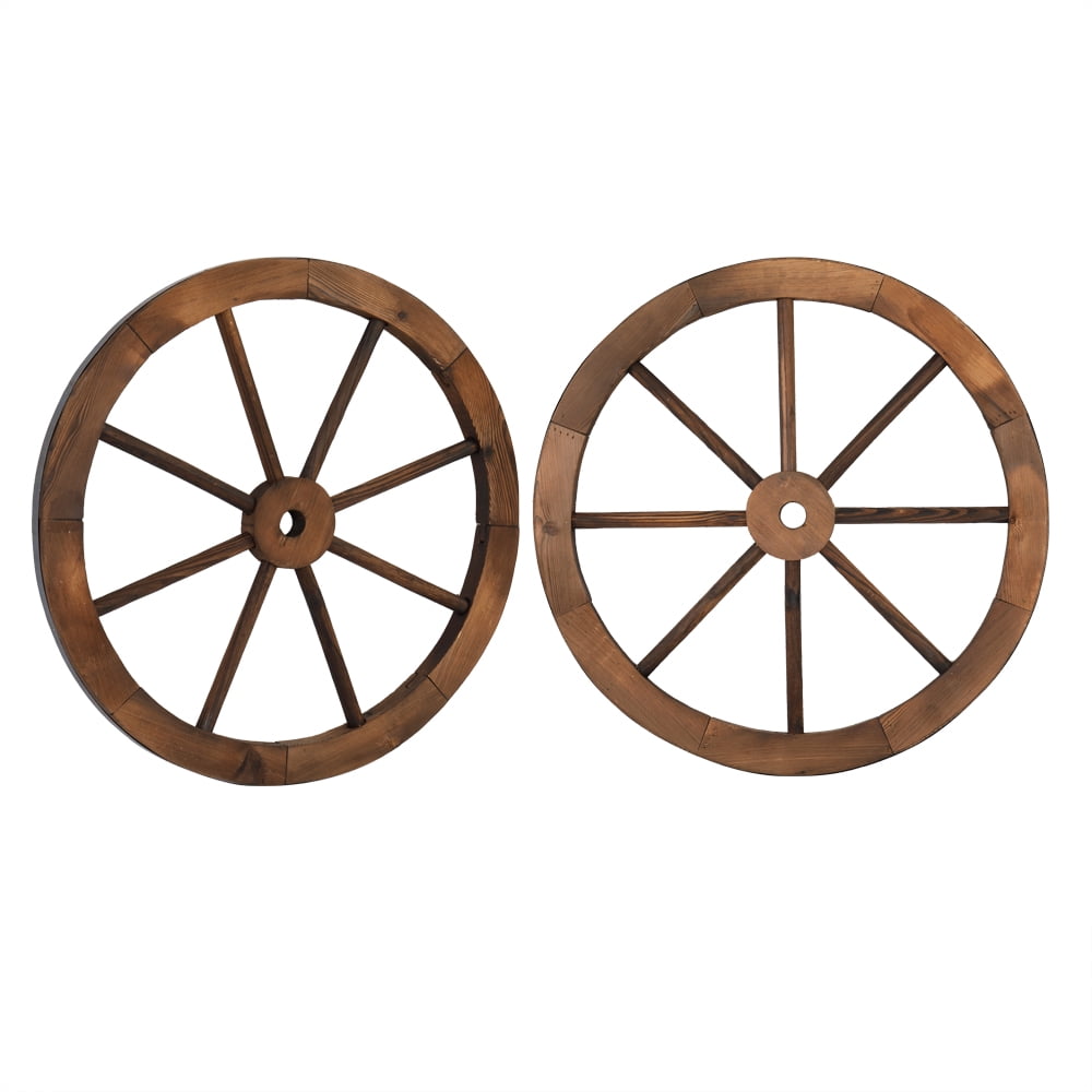 2-Pack 24 Inch Brown Fir Wood Wagon Wheel, Rustic Western Style Decorative Wheel with Sturdy Spokes, No Assembly Carbonized Wood Wheel for Indoor Outdoor Yard Patio Studio Bar Decor