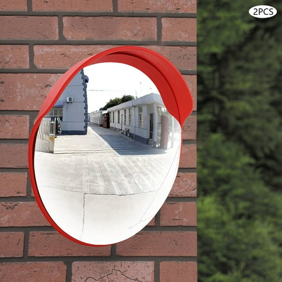 2 Pack 24 Inch Convex Safety Mirror Road Traffic Wide Angle PC Mirror 230 Degree View Red Plastic Frame Blind Spot Security Mirror for Driveway Garage Intersection Parking